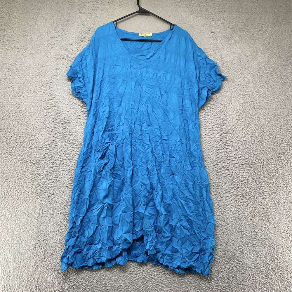 Chalet Crinkle Dress Womens XL Blue Trapeze Art Lagenlook Pockets Made In USA